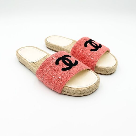 Chanel CC Logo Espadrilles Sandals Pink Tweed Slides Mules EU 38 US 7-7.5 - Picture 2 of 14